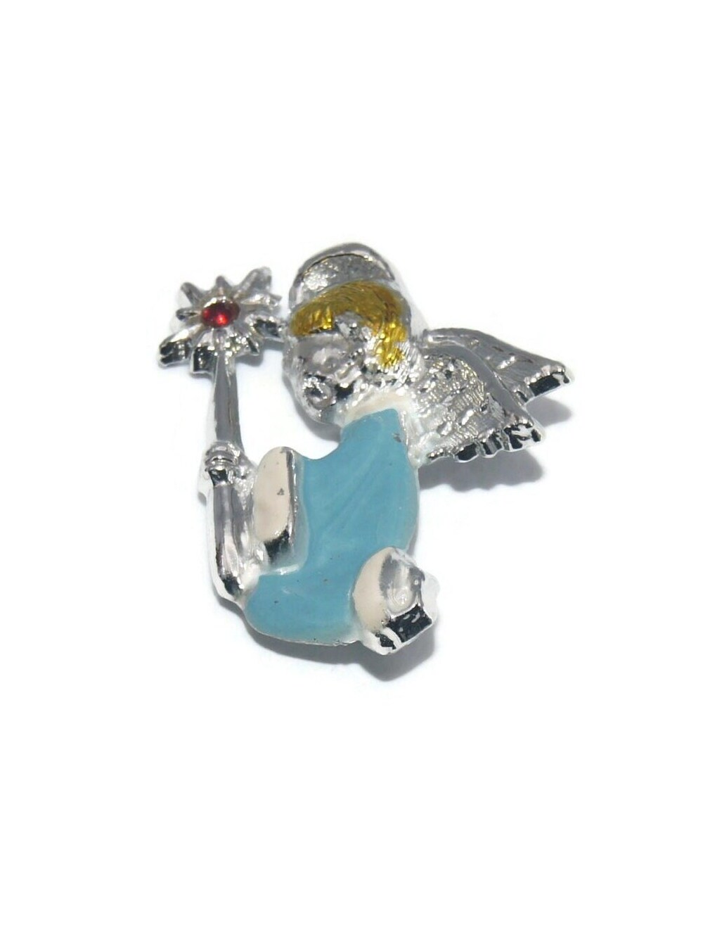 Vintage Silver Tone, Red Rhinestone, Blue and Gold Enamel Christmas Angel Brooch